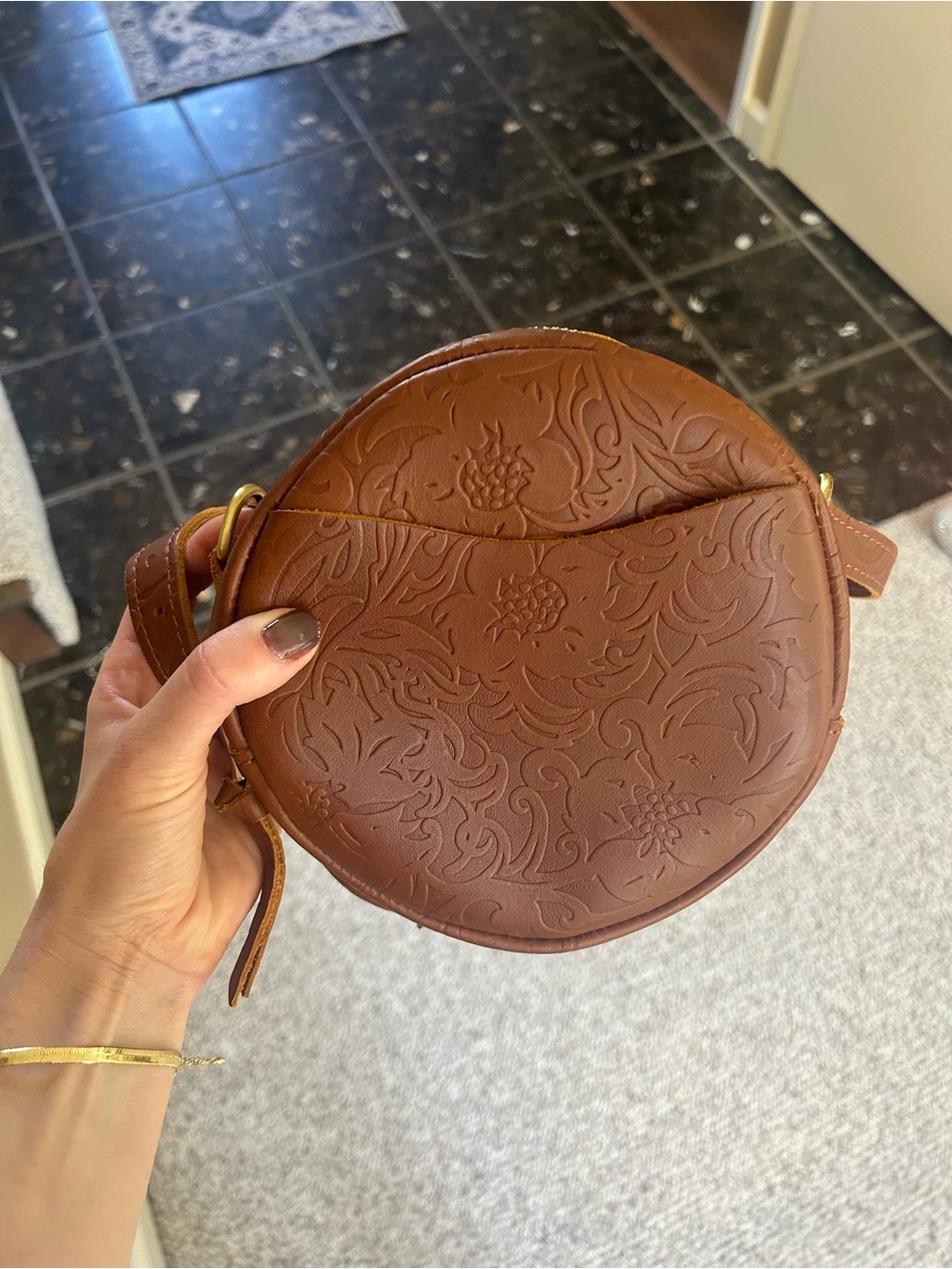 Embossed Brown Round Crossbody Bag - Women's Leather Shoulder Purse